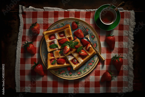 Freshly made french toast with fruits, lying on a plate with a checkered kitchen towel, lots of fruit, a great idea for breakfast, created with Generative AI