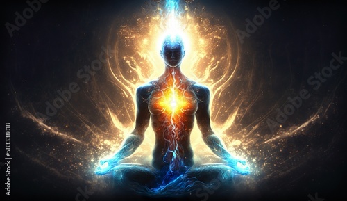 Generative AI Spirituality, esoteric, meditation, universe meta human god spirit, galaxy space background, spiritual image, design, illustration wallpaper, yoga, brain waves, brain, chakra, planet, 
