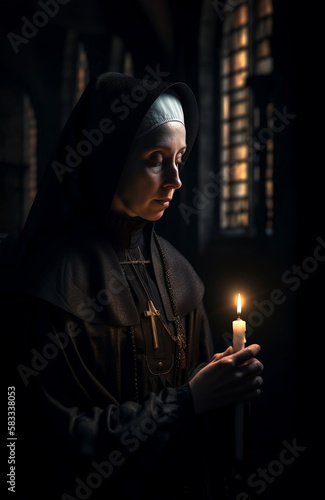 Nun standing, wearing a cross necklace and holding a candle, praying in a dark church under light of tall a windows, illustration created with Generative AI technology