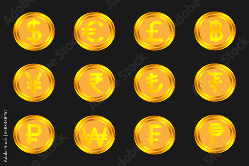 set of gold coins icons of various world currencies