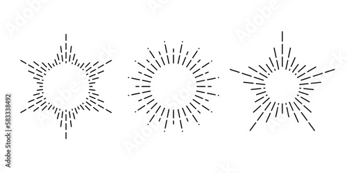 Retro sunburst frame set. Vintage sunshine rays collection. Stylized sun light, radial rays, sunbeams, firework, explosion symbols. Vector design elements 