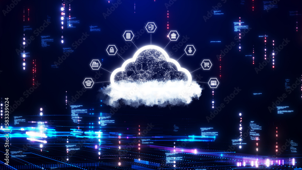 Cloud and edge computing technology concept with cybersecurity data protection system. Within the abstract cloud are interconnected polygons. Binary code and small icons on dark blue background. Cloud and edge computing technology concept with cybersecurity data protection system. Within the abstract cloud are interconnected polygons. Binary code and small icons on dark blue background.