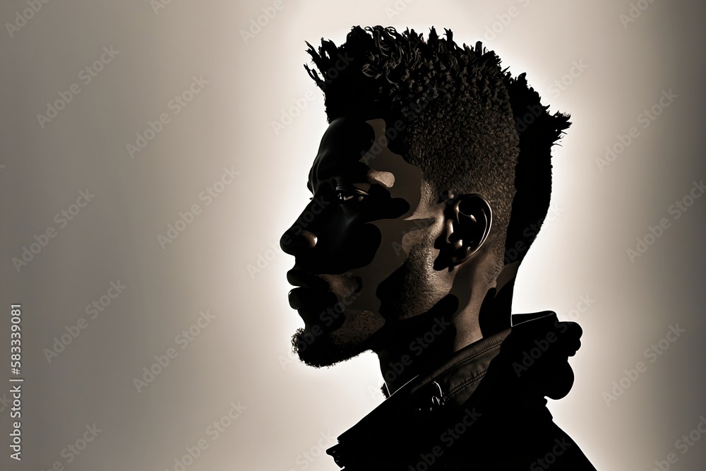 ภาพประกอบสต็อก Black man silhouette on a grey background. Profile of ...