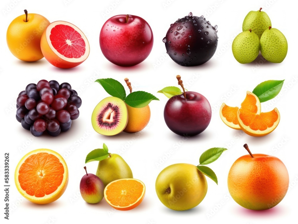 Set of fresh different fruits. Collection isolated on white background. generative ai