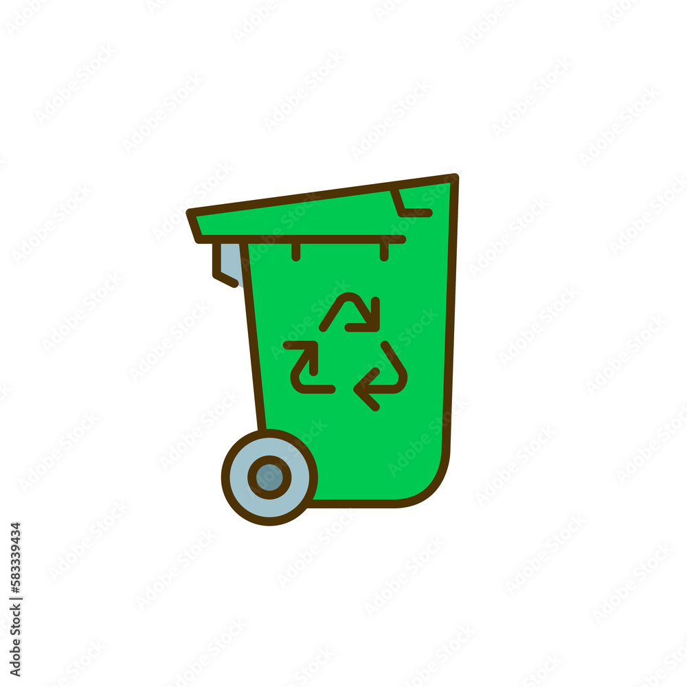 Outdoor trash can with wheels with recycling symbol. Illustration isolated on transparent background. Outdoor trash can with wheels with recycling symbol. Illustration isolated on transparent background.