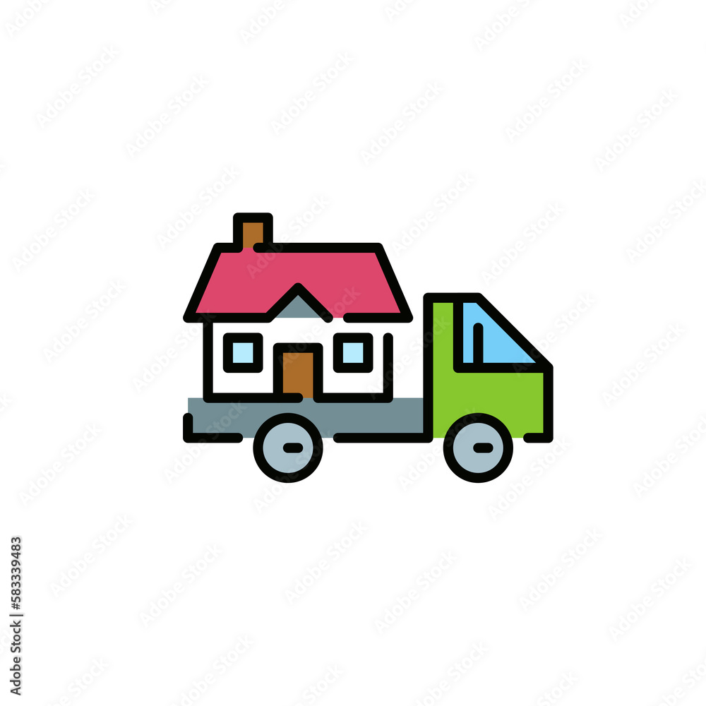 Relocation and moving houses icon. Truck carrying a house. Illustration isolated on transparent background Relocation and moving houses icon. Truck carrying a house. Illustration isolated on transparent background