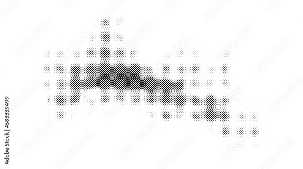 Halftone smoke texture. Black and white dotted fog background. Comic style cloud design element. Monochrome grunge abstract wallpaper. Vector 