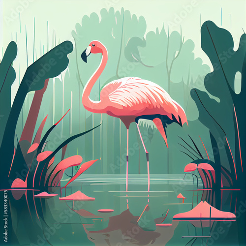 A flamingo in a swamp  minimalistic flat design illustration  Generative AI