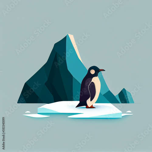 A penguin in a glacier, minimalistic flat design illustration, Generative AI