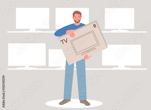 Young man buying TV in appliance store