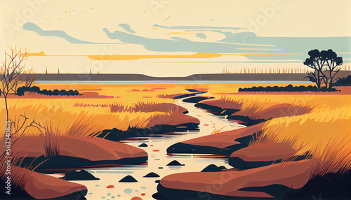 Salt Marsh, flat design, minimalistic landscape illustration, Generative AI