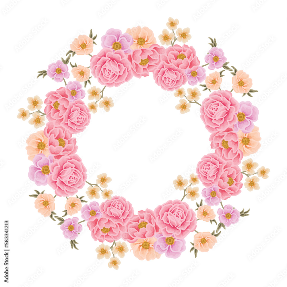 Beautiful romantic pink flower frame wreath with roses, lilac floral, peony, poppy and leaf branch illustration elements for wedding card, invitation, decoration