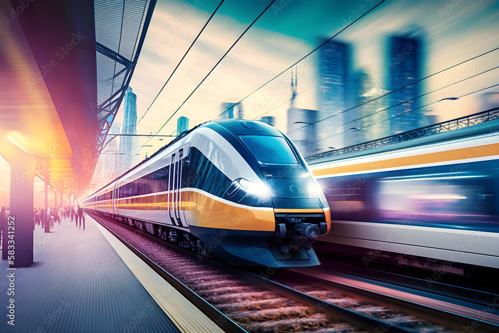 Naklejka premium High-speed train at the station and a blurred city in the background, high resolution, high-quality image, travel, lighting, colorfulness, fast travel, be on time, technology