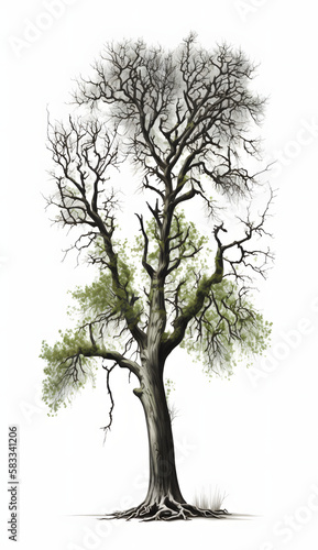 Overgrown dead tree silhouette isolated on white