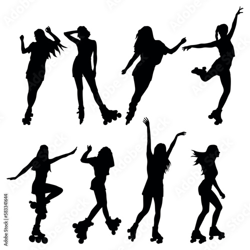 Girl roller skates silhouettes set stencil templates for design laser cut stickers