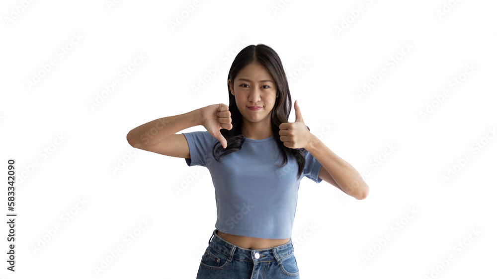 Thumbs up and thumbs down, Young woman doing hand sign thumbs up and thumbs down, Pros and cons, Success and failure, Right and wrong. Thumbs up and thumbs down, Young woman doing hand sign thumbs up and thumbs down, Pros and cons, Success and failure, Right and wrong.