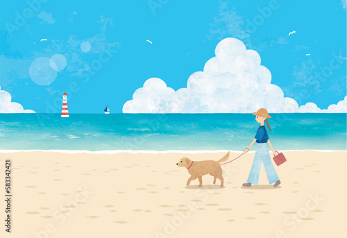 夏の空と海と砂浜を散歩する犬と女性水彩画