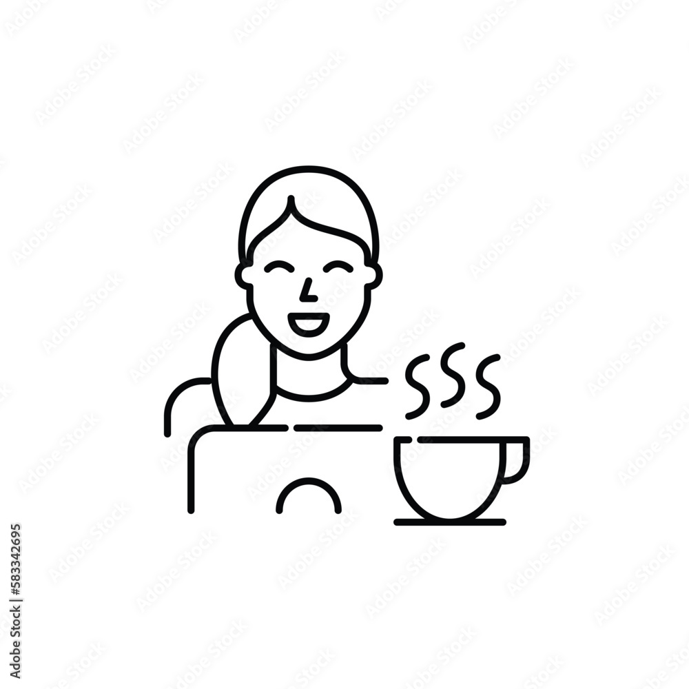 Smiling girl having coffee at her laptop. Pixel perfect, editable stroke icon Smiling girl having coffee at her laptop. Pixel perfect, editable stroke icon