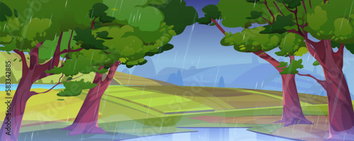 Summer rainy landscape with farm fields, forest and river. Rural fall scene, countryside with trees with green foliage, fields, puddle and road, vector cartoon illustration