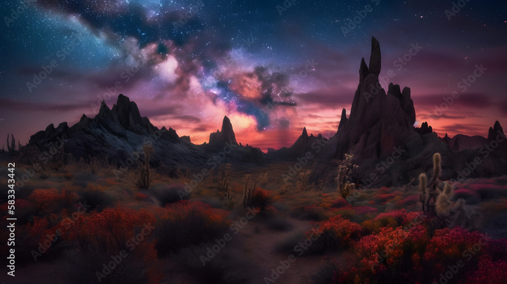 A breathtaking alien landscape of towering spires, glowing bioluminescent plants, and shimmering crystals that stretch towards the sky, all set against a brilliant sunset sky. AI Generated