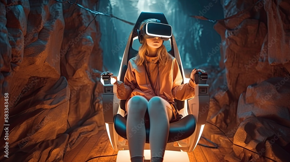 Virtual Reality Experience: Young Girl Wearing VR Headset Immerses Herself in Digital Worlds | High-Quality Stock Photo