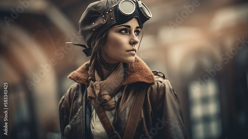 Steampunk-Themed Futuristic Woman Wearing Goggles: Industrial Aesthetics Meets Sci-Fi | High-Quality Stock Photo