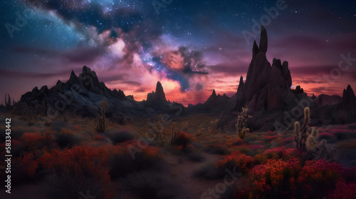 A breathtaking alien landscape of towering spires, glowing bioluminescent plants, and shimmering crystals that stretch towards the sky, all set against a brilliant sunset sky. AI Generated © Ryan
