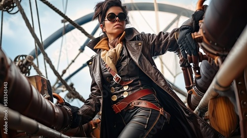 Steampunk-Themed Futuristic Woman Wearing Goggles: Industrial Aesthetics Meets Sci-Fi | High-Quality Stock Photo