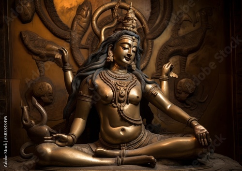 Hindu mythologic God of Vishnu with serpents around. Concept of meditation and buddhism. Generative AI.