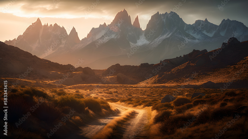 A breathtaking view of a dramatic mountain range, shot during the golden hour, just as the sun is setting, casting warm, golden light over the rugged peaks. AI Generated