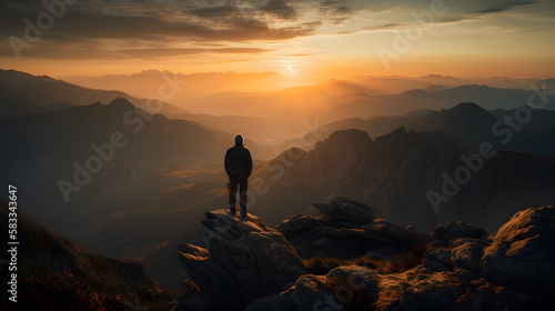 A breathtaking view of a majestic mountain range at sunset, with the silhouette of a hiker perched atop a rocky outcropping, gazing out at the stunning panorama. AI Generated
