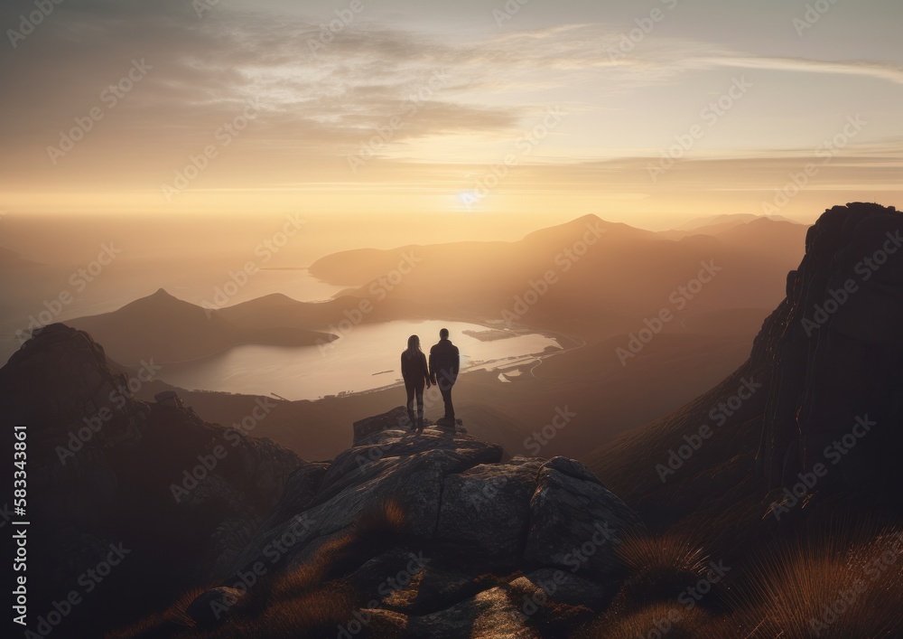 Silhouette of a hiker couple in the mountains. Concept of freedom. Generative AI.