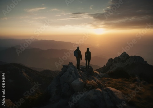 Silhouette of a couple standing on a mountain. Generative AI.  © ern