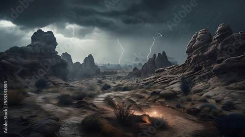 A desolate and haunting landscape, with jagged rock formations stretching up towards an ominous sky filled with dark clouds and crackling bolts of lightning. AI Generated