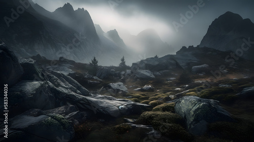 A dramatic and moody landscape photograph of a rocky mountain range shrouded in mist and fog. AI Generated
