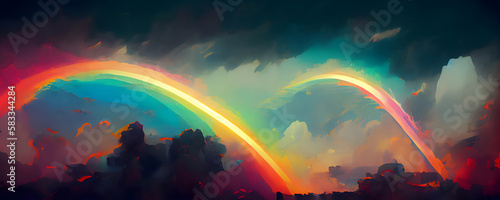 A Vibrant Panoramic of City Sky and Rainbow, A beautiful panoramic view of a bustling city skyline, highlighted by an amazing rainbow stretching across the multi-colored sky, Generative AI