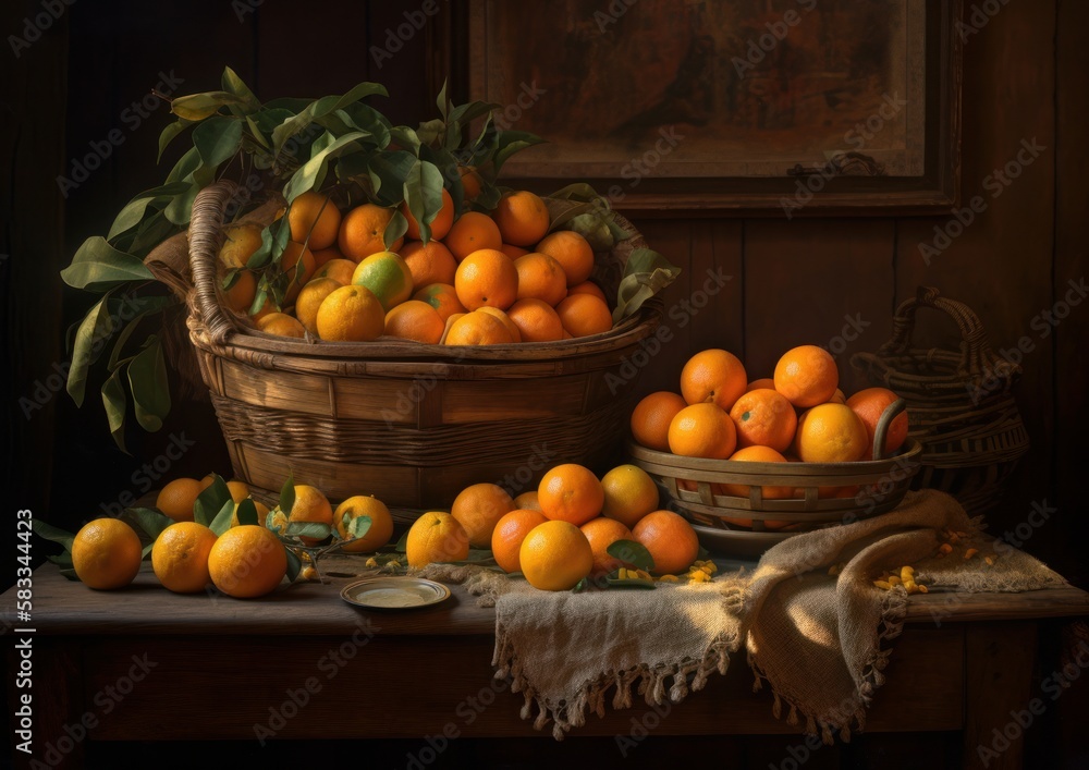 Still life with oranges on rustic wooden table. Generative AI.	
