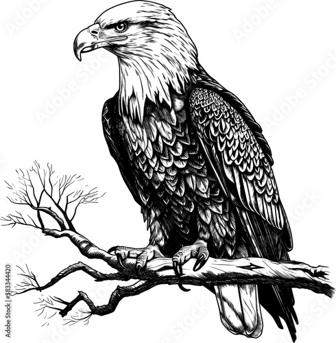 eagle on a branch sketch vector graphics monochrome illustration , Engraving