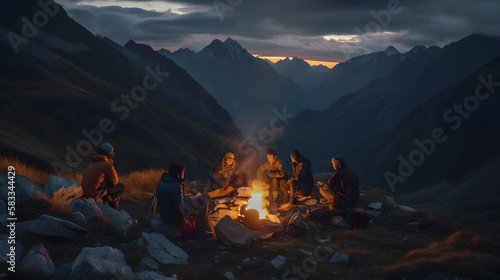 A picturesque mountain landscape at dusk with a group of hikers gathered around a crackling campfire, cooking up a delicious meal after a long day of trekking. AI Generated