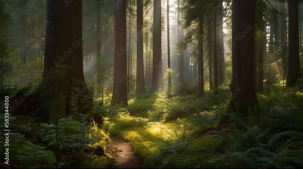 A peaceful and tranquil forest grove, bathed in the warm, gentle light of the morning sun. AI Generated