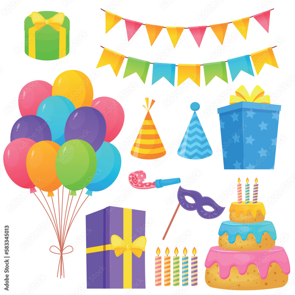Vector bright cartoon image of a festive set. Balloons, flags, candles. The concept of parties, festivals and fun. A colorful element for your design.