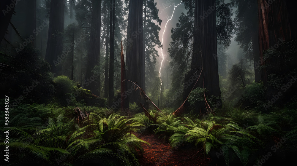 A powerful and breathtaking photo of a majestic redwood forest during a thunderstorm. AI Generated