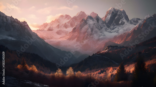 A stunning alpine landscape captured at dawn, with snow-capped peaks piercing the soft pink and orange hues of the early morning sky. AI Generated