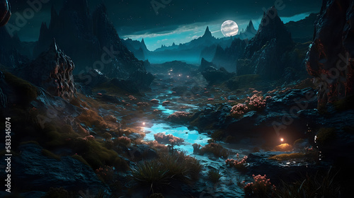 A stunning and highly-detailed photograph of an otherworldly alien landscape  showcasing a rugged  mountainous terrain covered in vibrant  bioluminescent flora. AI Generated