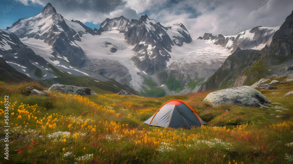 A stunning landscape photograph of a colorful tent pitched in a serene alpine meadow surrounded by snow-capped mountain peaks. AI Generated