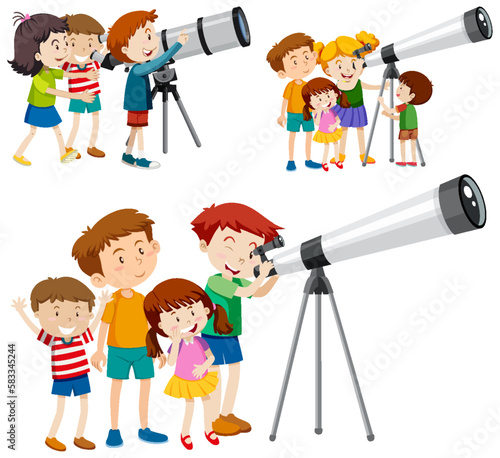 Playful Children Using Telescopes Vector Collection