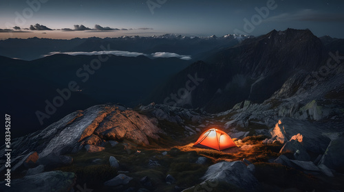 A stunning night-time mountain landscape photograph featuring a brightly lit tent perched on a rocky peak, overlooking a breathtaking valley below. AI Generated