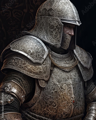 Medieval knight helmet and armor. Generative AI.