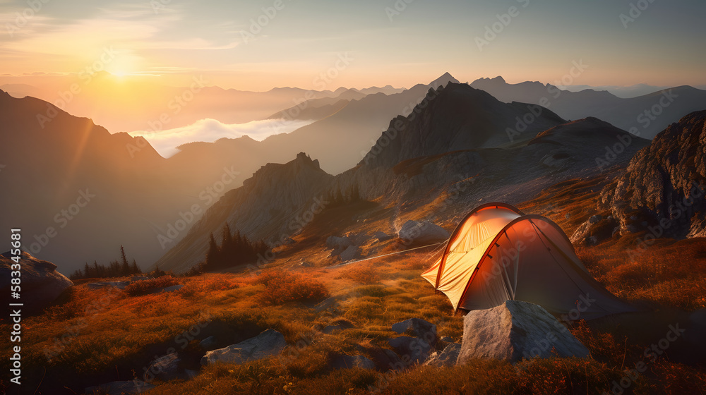 A stunning photograph of a mountain landscape at sunrise, with a brightly colored tent nestled in the foreground. AI Generated