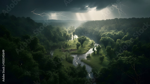 A stunning photo of a lush green forest landscape during a thunderstorm. AI Generated